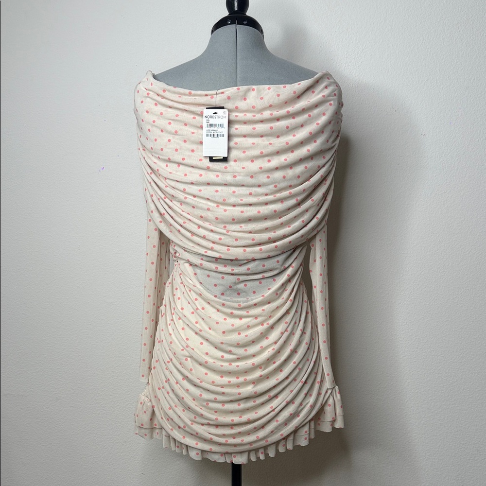 NWT Ruched Long Sleeve Mesh Pink Polka Dot Mini Dress Queen XXL - Picture 5 of 8
